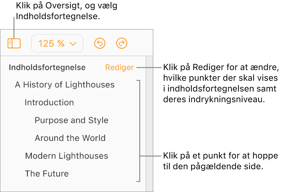 Indholdsfortegnelsen er åben i venstre indholdsoversigt med indtastninger for dokumenttitel og fem andre overskrifter.