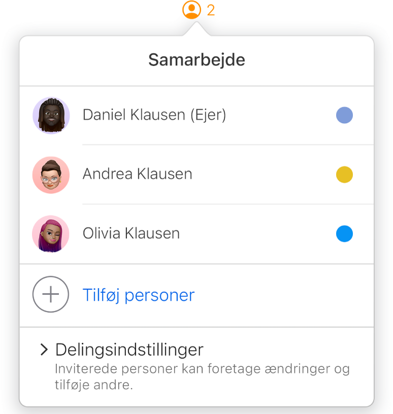 Menuen Samarbejde, der viser navnene på personer, der samarbejder om dokumentet. Delingsindstillinger er under navnene.