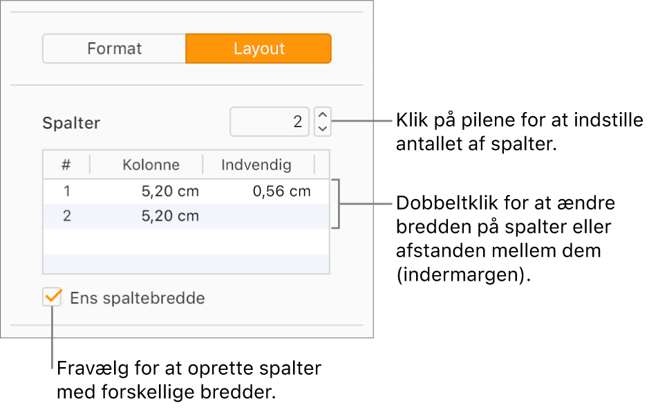 Funktionerne til tekstspalter under Layout i indholdsoversigten Format.