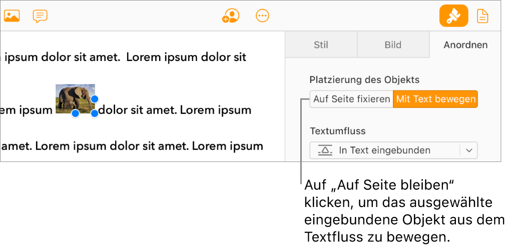 Ein eingebundenes Bild im Textkörper des Dokuments ist ausgewählt und eine Taste „Auf Seite bleiben“ wird im Tab „Anordnen“ in der Seitenleiste angezeigt.