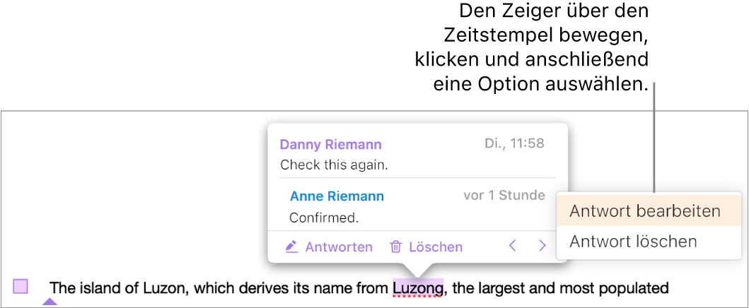 Ein Kommentar mit einer Antwort und dem Mauszeiger auf dem Zeitstempel der Antwort. Ein Einblendmenü zeigt zwei Optionen: „Antwort bearbeiten“ und „Antwort löschen“.