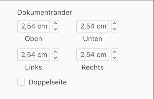 Der Bereich „Dokumentränder“ der Seitenleiste „Dokument“, mit Steuerelementen für die Einstellung der oberen, unteren, linken und rechten Ränder.