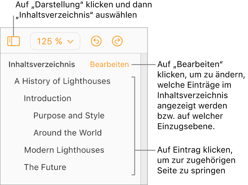 Das Inhaltsverzeichnis ist in der linken Seitenleiste geöffnet und enthält Einträge für den Titel des Dokuments und fünf weitere Überschriften.