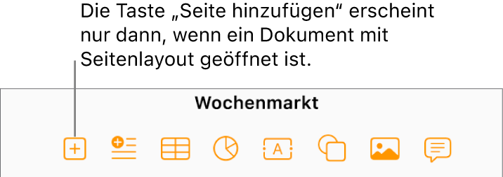 Der mittlere Teil der Symbolleiste eines Dokuments mit Seitenlayout, mit einer Taste „Seite hinzufügen“ links von der Taste „Einfügen“.