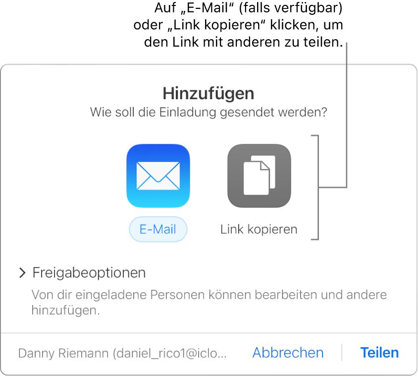 Das Fenster, das erscheint, wenn du in der Symbolleiste auf die Taste „Zusammenarbeit“ klickst (bevor ein Dokument geteilt wird). Mit den Tasten „E-Mail“ und „Link kopieren“ kannst du festlegen, wie das Dokument geteilt wird.