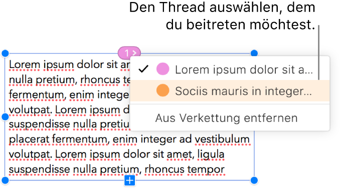 Das erste Textfeld in einer Verkettung ist ausgewählt und ein Einblendmenü neben dem Kreis oben im Feld ist geöffnet. In dem Einblendmenü wird neben der Verkettung, zu der dieses Textfeld gehört, ein Häkchen angezeigt.