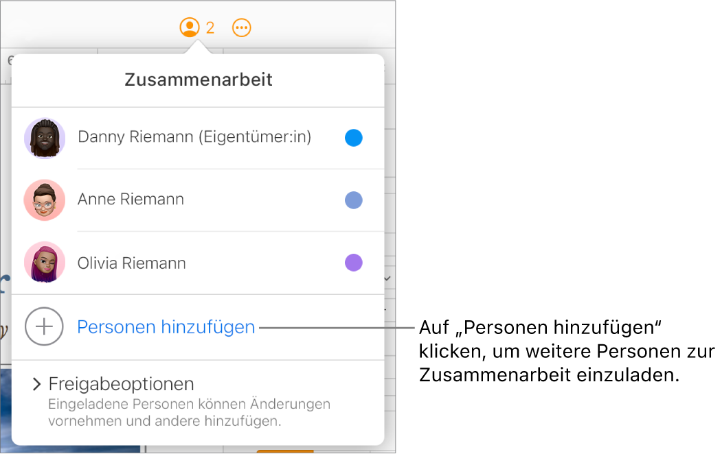 Das Menü „Zusammenarbeit“ ist geöffnet, mit einer Option „Personen hinzufügen“ unter der Teilnehmerliste.