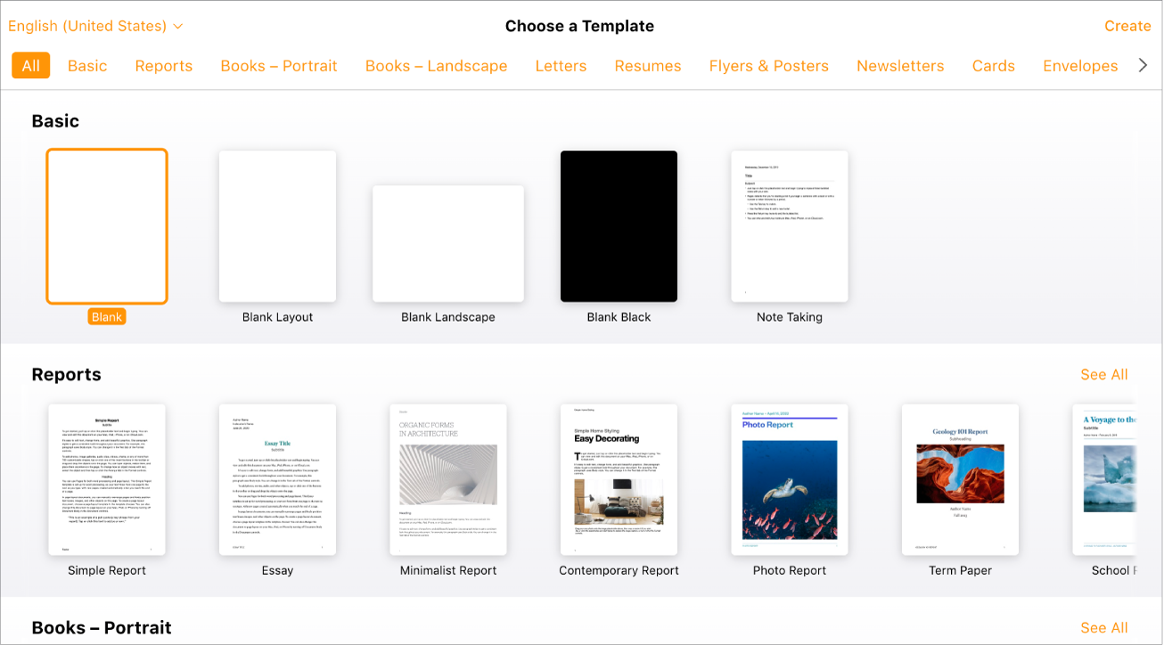 The template chooser showing several template thumbnails. The Blank template is selected.