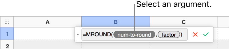 The formula editor with the SUM function entered and a callout to the value argument token.