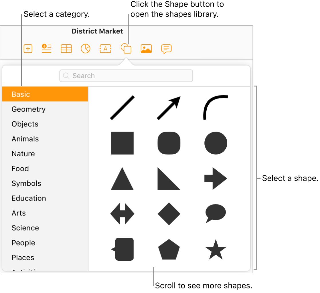 The shapes library is open below the Shape button in the toolbar. The Basic category is selected on the left, and some common shapes (including circles, squares, and lines) are displayed on the right.