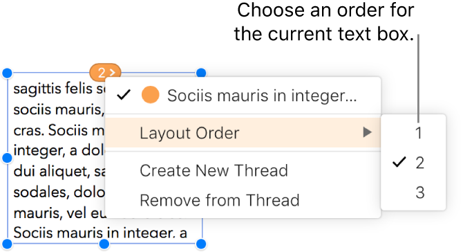 A linked text box is selected, and a pop-up menu next to the circle at the top of the text box is open. In the pop-up menu, the Layout Order menu item is selected, and a second pop-up menu shows the numbers 1, 2, and 3; the 2 has a checkmark beside it to indicate this is the second text box in the thread.