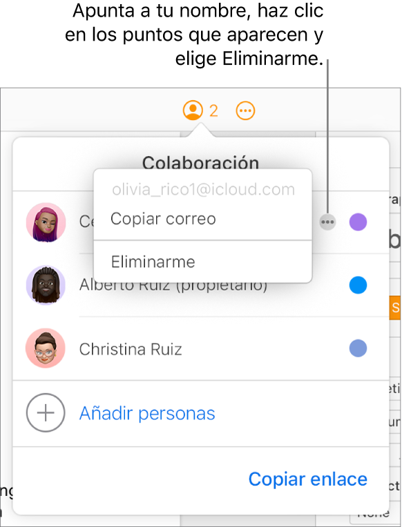 El menú Colaboración abierto, con el botón Más a la derecha del primer participante seleccionado, y la opción Eliminarme disponible.