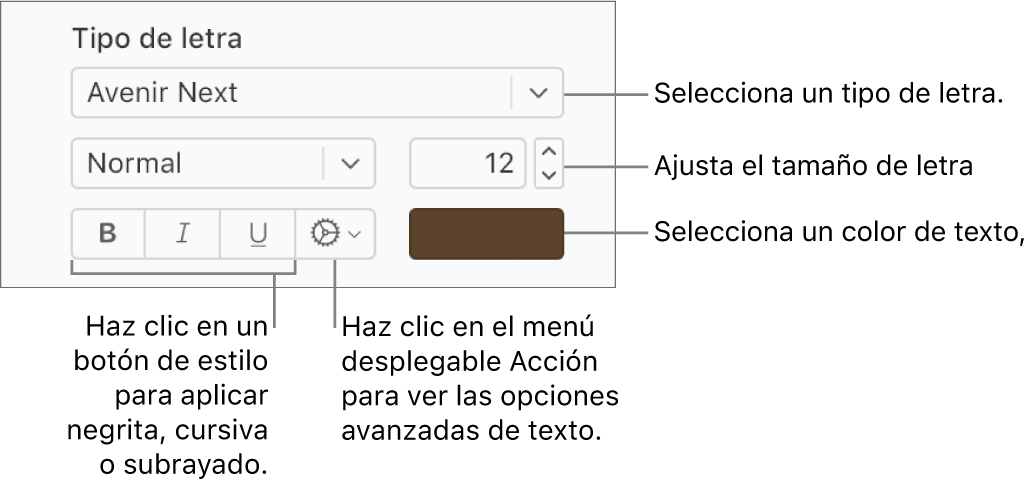 Controles de tipo de letra y estilo de texto de la barra lateral Formato.
