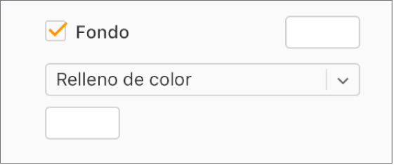 La casilla Fondo está seleccionada en la barra lateral y la paleta de colores predefinidos de la derecha muestra el color blanco. Debajo de la casilla, Relleno de color está seleccionado en un menú desplegable y, debajo, la paleta de colores personalizados muestra el color blanco.