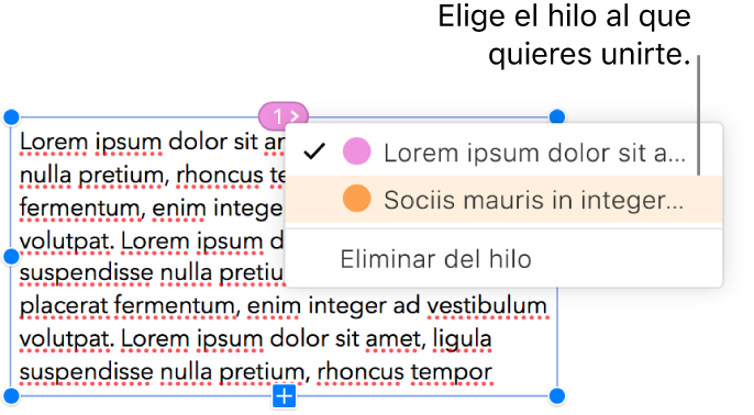 Está seleccionado el primer cuadro de texto de un subproceso y un menú desplegable junto al círculo de la parte superior del cuadro de texto está abierto. En el menú desplegable, el subproceso del cuadro de texto tiene una casilla al lado.