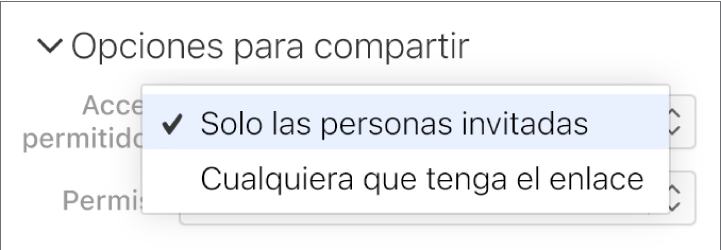 Menú desplegable “Quién tiene acceso” en las “Opciones para compartir”.