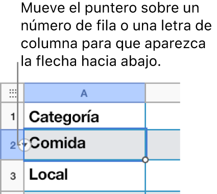 En una tabla se ha seleccionado un número de fila y la flecha abajo se ve a su derecha.