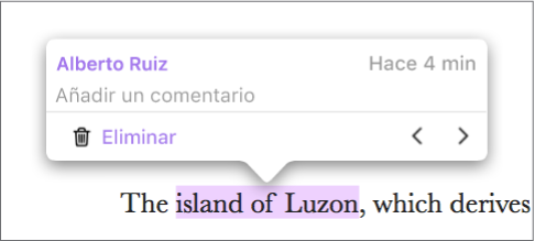 Una parte del texto está resaltada en un documento, y encima del resaltado aparece el nombre de la persona que lo añadió y la hora a la que lo hizo.