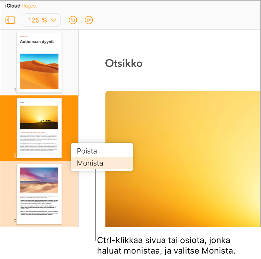 Vasemmassa sivupalkissa näkyy Sivut miniatyyrinä -näkymä monisivuisesta tekstinkäsittelydokumentista. Valittu sivu näytetään korostettuna tummanoranssilla sekä toinen saman osion sivu korostettuna vaaleanoranssilla. Ponnahdusvalikossa on toiminnot valitun osion poistamiseksi tai monistamiseksi.