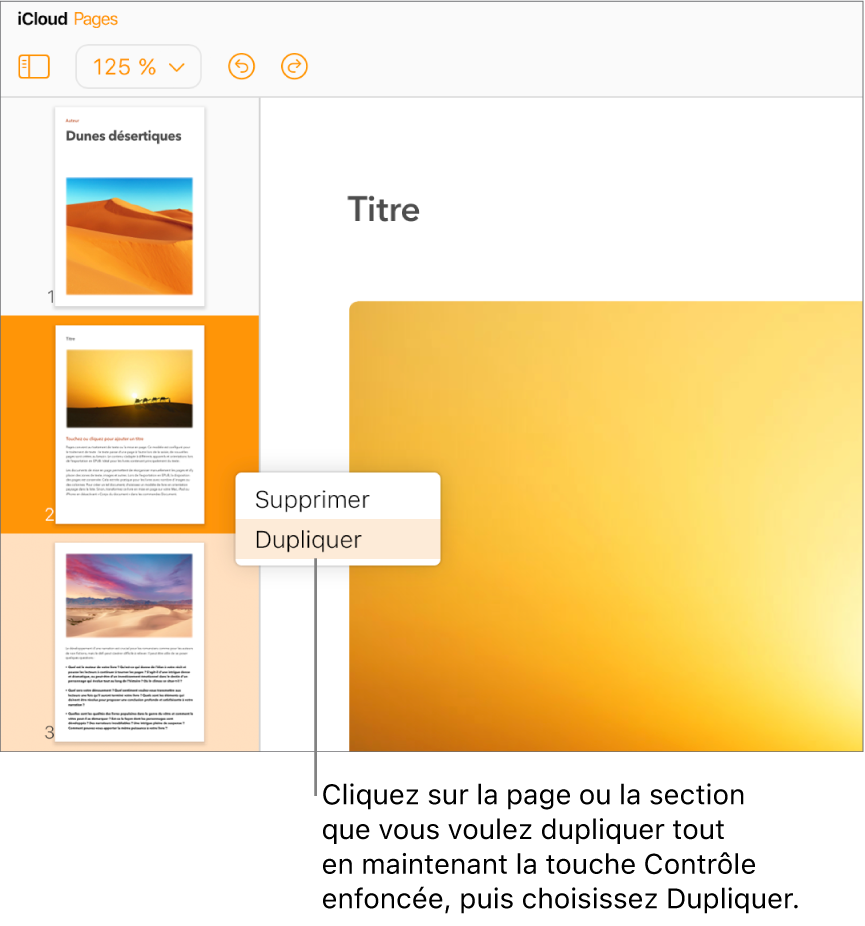 Vignettes de page pour un document de traitement de texte contenant plusieurs pages dans la barre latérale gauche, avec la page sélectionnée mise en surbrillance en orange foncé et une autre page de la même section mise en surbrillance en orange clair. Un menu local permet de Supprimer ou Dupliquer la section sélectionnée.