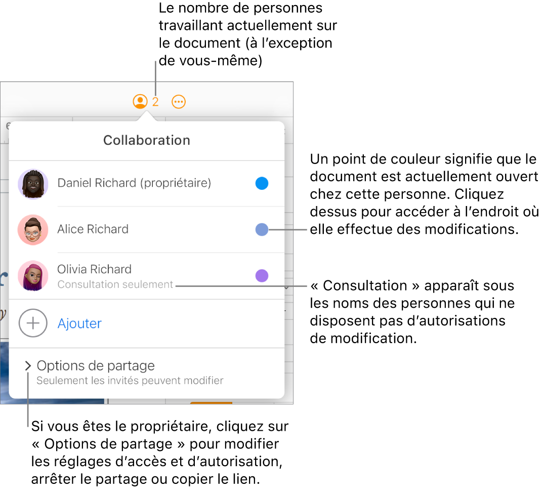 Le menu Collaboration est ouvert, avec une liste de trois participants (l’un d’eux ayant pour autorisation d’accès Consultation), une option Ajouter des personnes et une section Options de partage.
