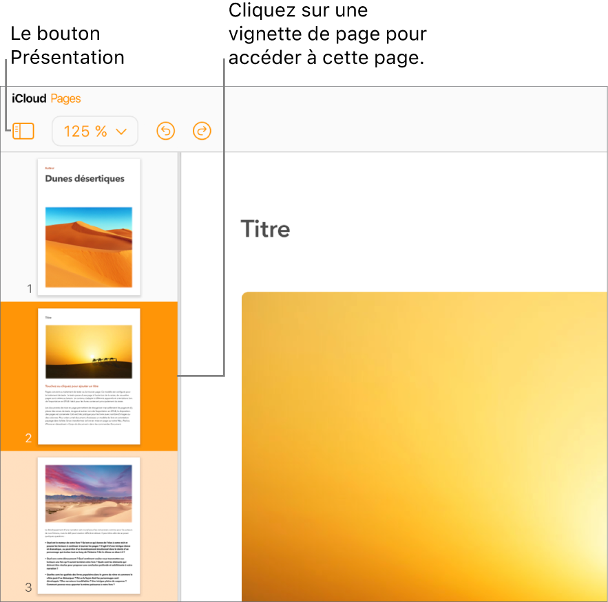 Vignettes de page dans la barre latérale gauche, avec la page sélectionnée mise en surbrillance en orange foncé et une autre page de la même section mise en surbrillance en orange clair.