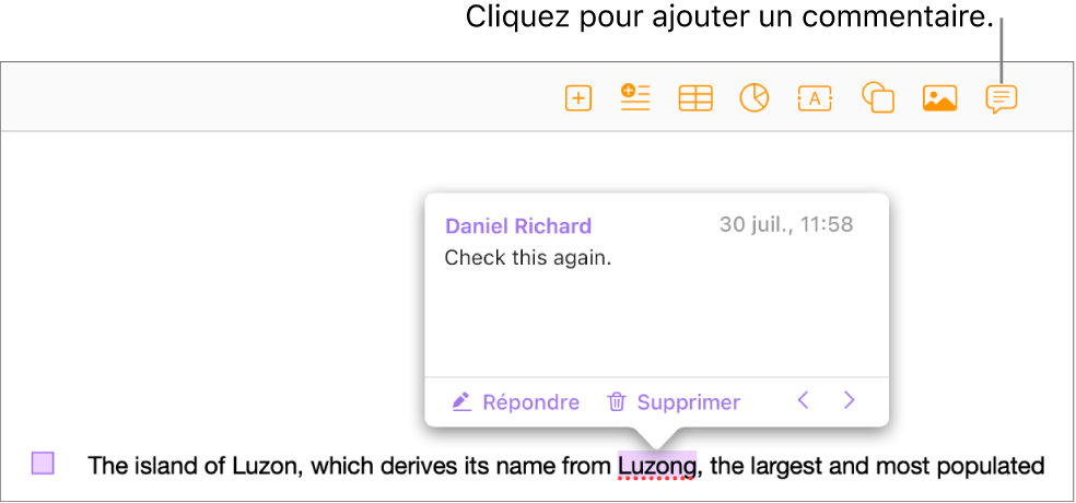 Un commentaire ajouté au texte d'un document; le texte est surligné et un marqueur carré apparaît dans la marge de gauche.