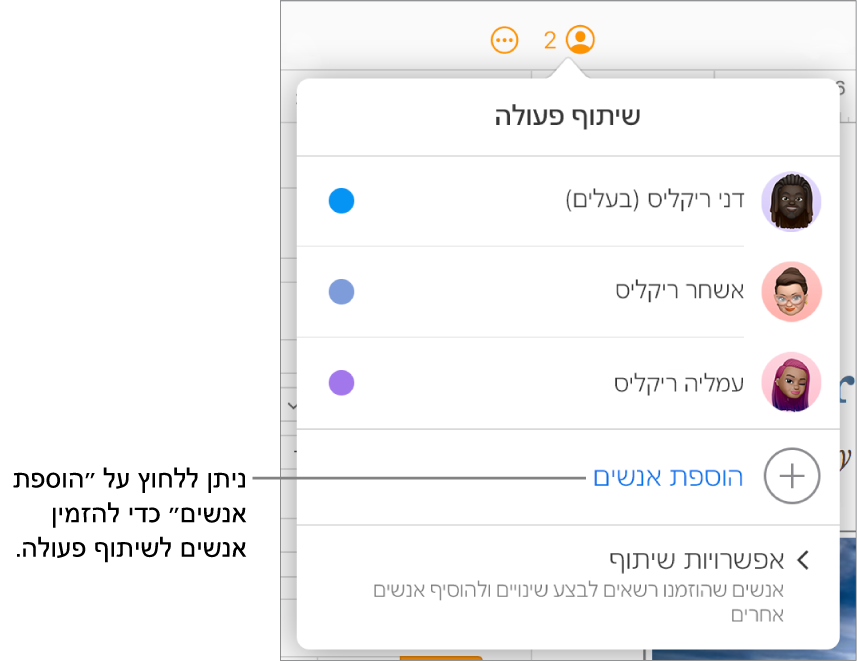 התפריט ״שיתוף פעולה״ פתוח, ומציג את האפשרות ״הוספת אנשים״ מתחת לרשימת המשתתפים.