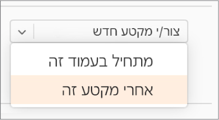 התפריט הקופץ ״יצירת מקטע חדש״ פתוח והאפשרות ״אחרי מקטע זה״ נבחרה.