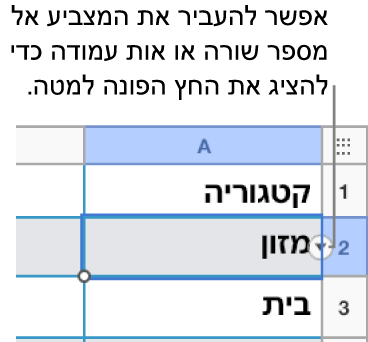 מספר השורה בטבלה נבחר ומופיע חץ למטה מצידו הימני.