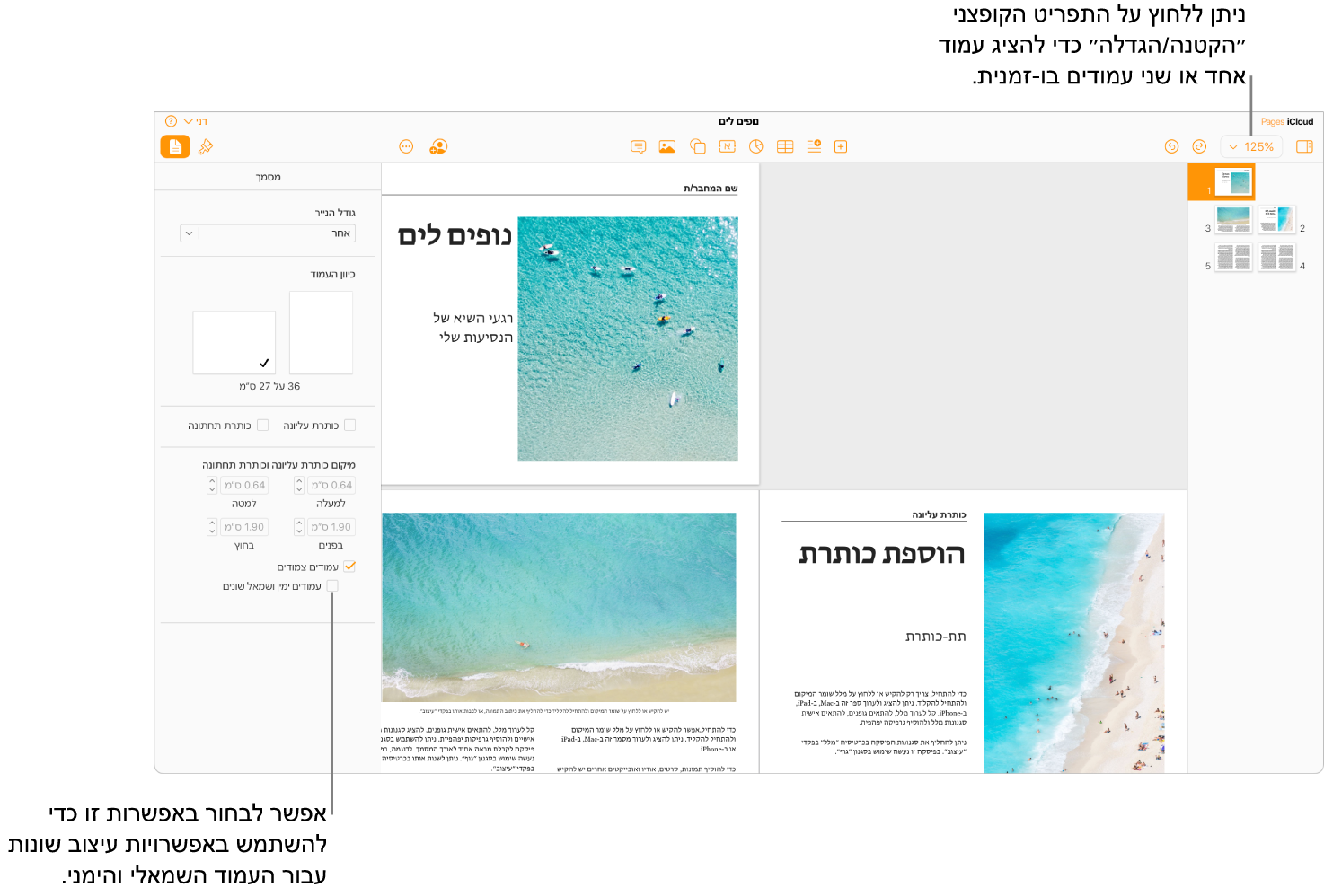 החלון של Pages עבור iCloud עם עמודים כתמונות ממוזערות ועמודי מסמך שמוצגים כפריסה של שני עמודים. בסרגל הצד ״מסמך״ בצד שמאל, תיבת הסימון ״עמודים ימין ושמאל שונים״ לא מסומנת.