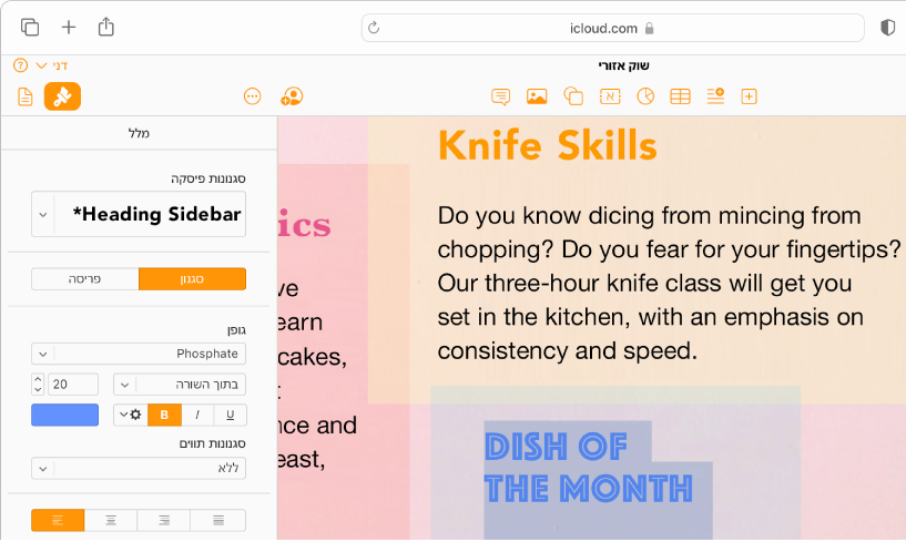 מסמך עם טקסט שנבחר. אפשרויות לשינוי הגופן, הצבע, הגודל ותכונות אחרות של המלל שנבחר מופיעות בסרגל הצד "עיצוב" מימין.