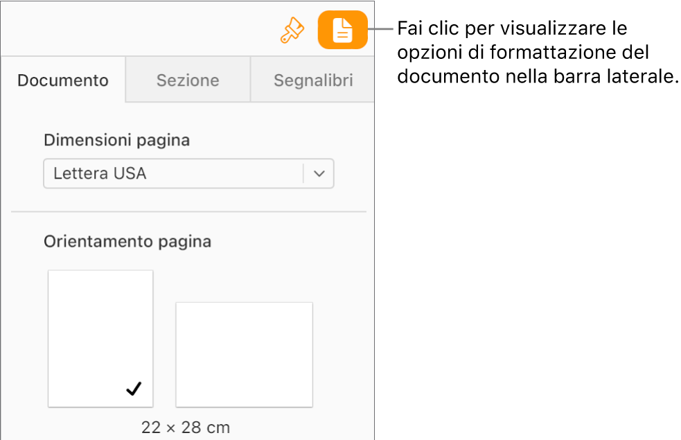 Il pulsante Documento è selezionato nella barra strumenti, e i controlli per modificare la dimensione della carta e l’orientamento sono mostrati nel pannello Documento della barra laterale.