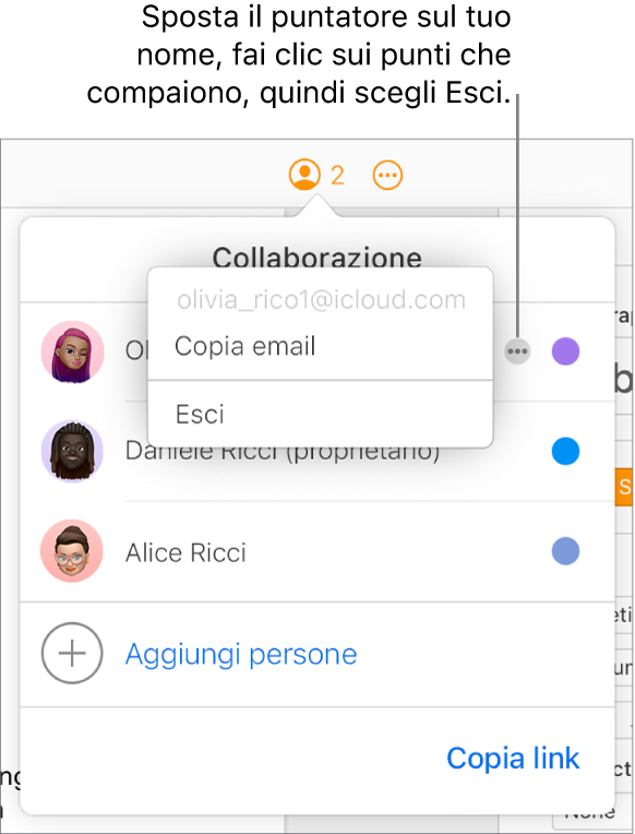 Il menu Collaborazione aperto, con il pulsante Altro a destra del primo partecipante su cui hai fatto clic, e un’opzione Rimuovimi disponibile.