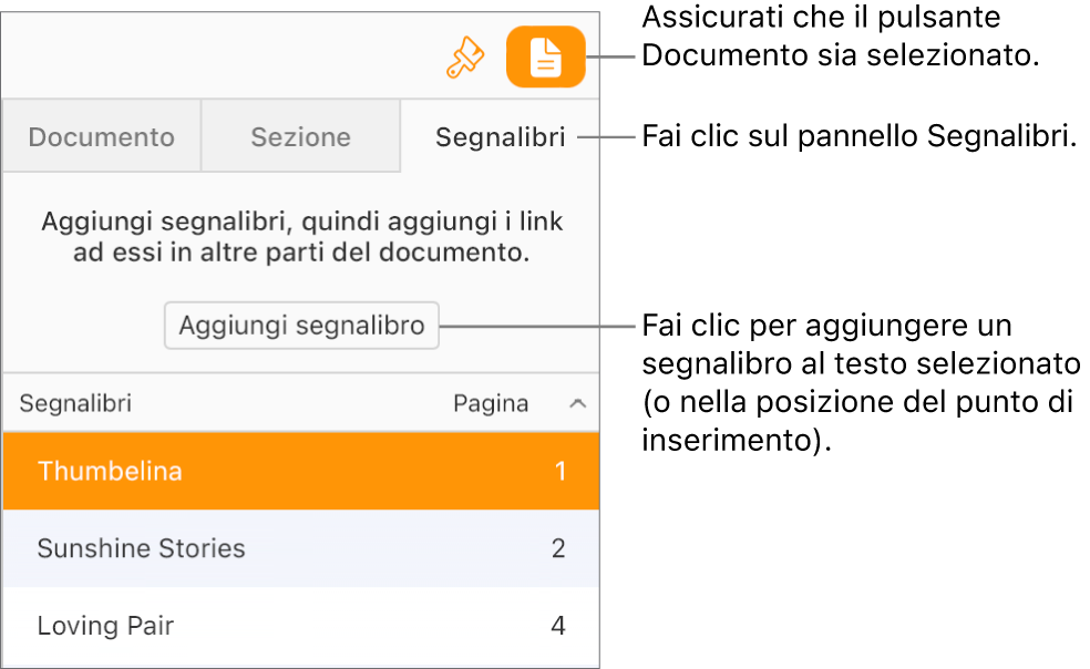 Il pannello Segnalibri è selezionato nella barra laterale Documento. Il pulsante “Aggiungi segnalibro” viene mostrato sopra un elenco di segnalibri che sono già stati aggiunti al documento.