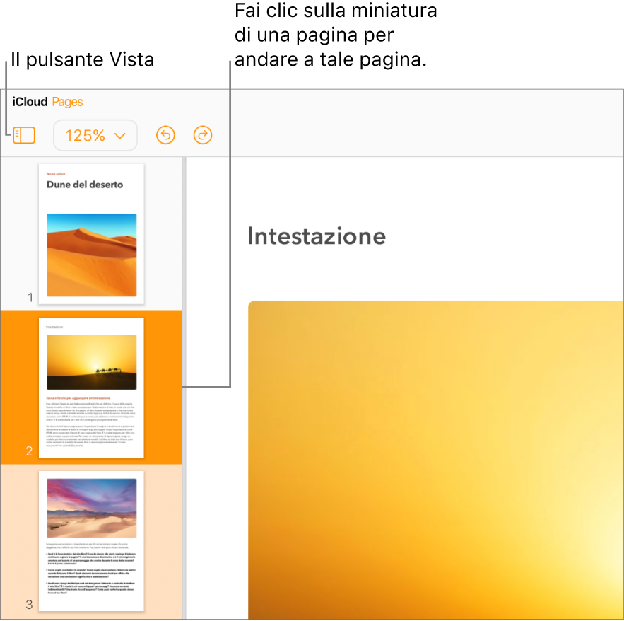 “Miniature pagina” nella barra laterale destra, con la pagina selezionata evidenziata in arancione scuro e un’altra pagina nella stessa sezione evidenziata in arancione chiaro.