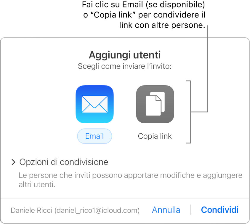 La finestra che appare quando fai clic sul pulsante Collaborazione nella barra strumenti (prima di condividere un documento). I pulsanti Email e Copia link ti consentono di scegliere come condividere il documento.