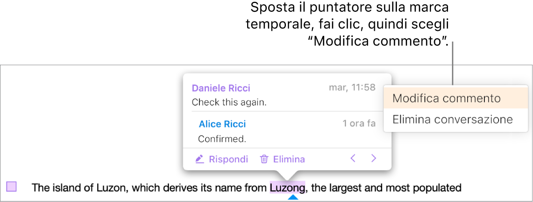 Un commento aperto: in alto, il puntatore si trova sull’indicazione dell’ora dell’ultimo salvataggio e il menu a comparsa mostra le due opzioni Modifica commento ed Elimina conversazione.