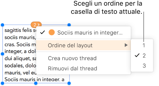 Una casella di testo collegata è selezionata e il menu a comparsa accanto al cerchio nella parte superiore della casella di testo è aperto. Nel menu a comparsa, la voce Ordine del layout è selezionata e un secondo menu a comparsa mostra i numeri 1, 2 e 3; accanto al numero 2 è presente un segno di spunta per indicare che si tratta della seconda casella di testo del thread.