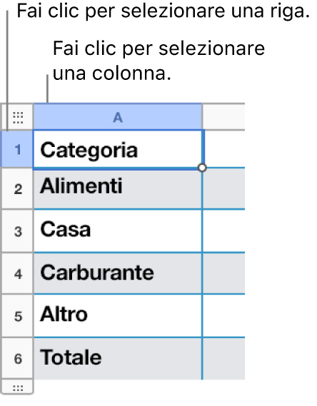 Una riga di tabella selezionata con didascalie sulle selezioni di riga e colonna.