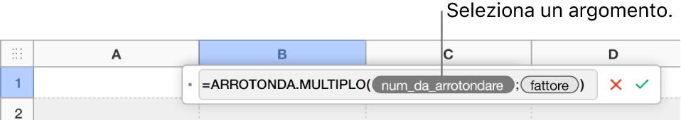 L’editor di formule con la funzione SOMMA inserita e una didascalia sul token dell’argomento del valore.