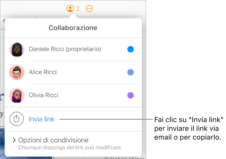 Il menu Collaborazione aperto, con un’opzione “Invia link” sotto l’elenco dei partecipanti.