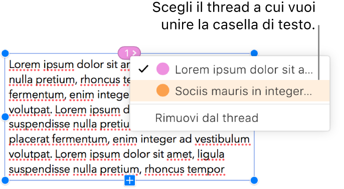 La prima casella di testo di un thread è selezionata e il menu a comparsa accanto al cerchio nella parte superiore della casella di testo è aperto. Nel menu a comparsa, accanto al thread a cui appartiene la casella di testo, è presente un segno di spunta.