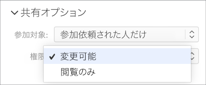 「共有オプション」の下に「アクセス権」ポップアップメニューが開いている。ほかのユーザに書類の変更を許可するか閲覧のみを許可するかを選択できる。