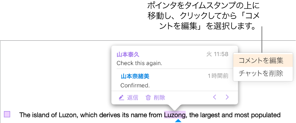 コメントが開かれ、ポインタがタイムスタンプの位置に移動し、ポップアップメニューに「コメントを編集」と「会話を削除」の2つのオプションが表示されます。