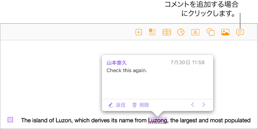 書類内の一部のテキストに追加されたコメント。テキストは強調表示され、左余白に四角いマーカーが表示されている。