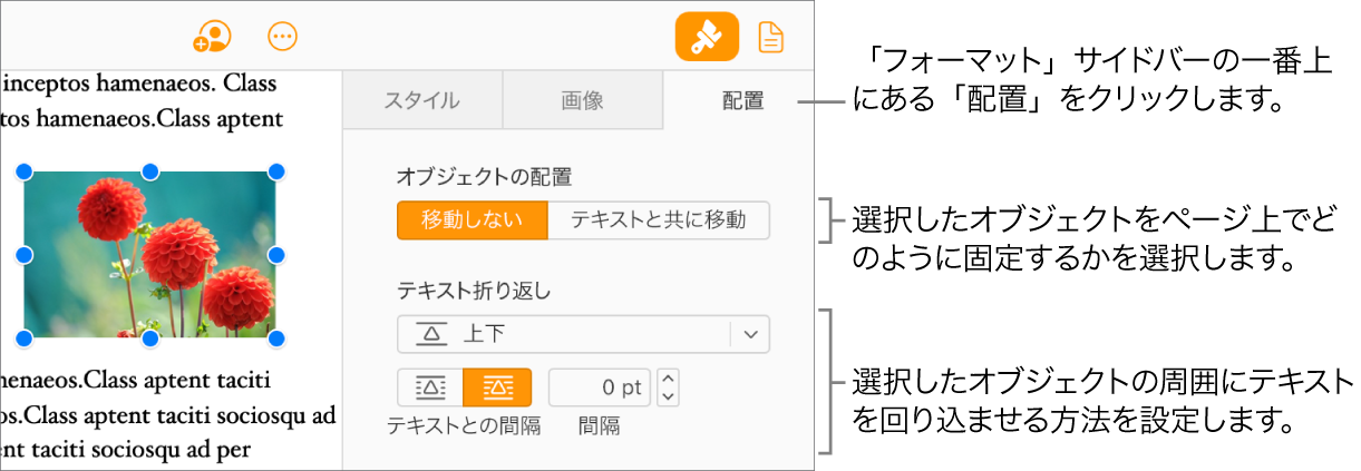 書類本文で画像が選択されている。「フォーマット」サイドバーの「配置」タブでは、オブジェクトが「移動しない」に設定され、テキストがオブジェクトの上下に来るように表示されている。