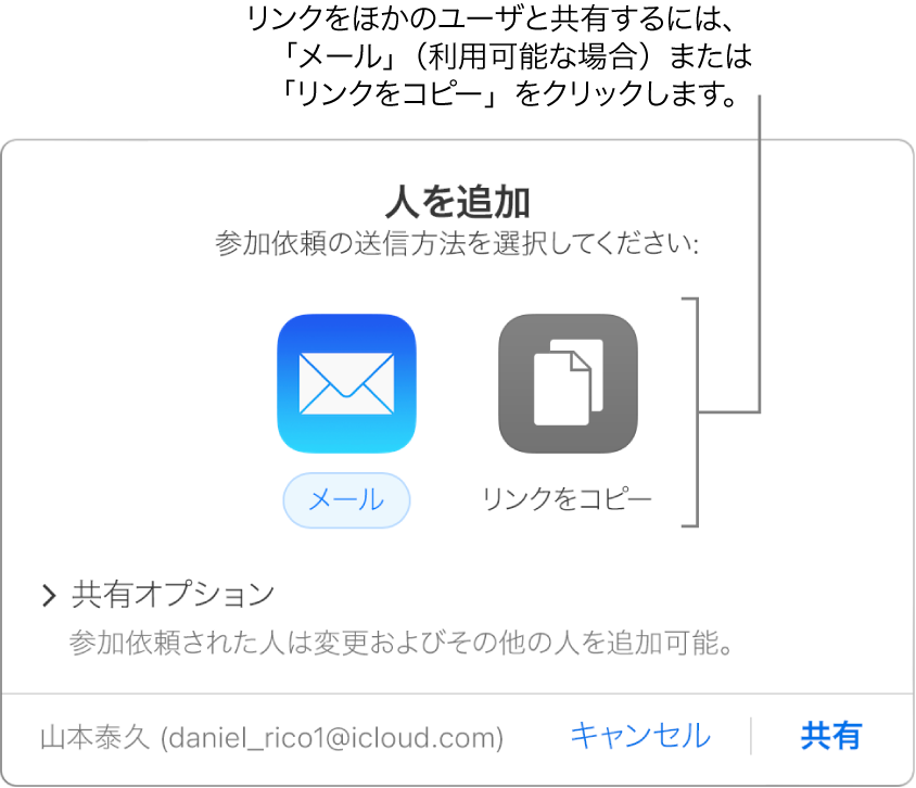 ツールバーで（書類が共有される前に）「共同作業」ボタンをクリックしたときに表示されるウィンドウ。「メールを送信」ボタンと「リンクをコピー」ボタンによって、書類を共有する方法を選択できます。