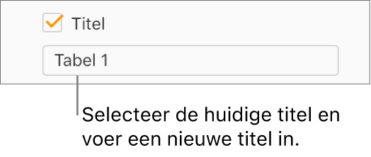 Het aankruisvak 'Titel' in de navigatiekolom 'Opmaak' is ingeschakeld. Een tekstveld onder het aankruisvak toont de tabeltitel 'Tabel 1' als plaatsaanduiding.