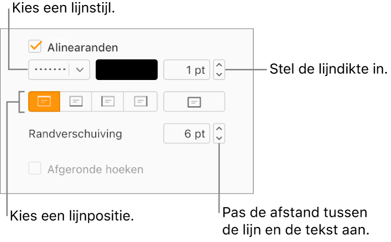 Het aankruisvak 'Alinearanden' is ingeschakeld in het tabblad 'Lay-out' van de navigatiekolom 'Opmaak'. De regelaars voor de lijnstijl, kleur, dikte, positie en afstand tot de tekst worden onder het aankruisvak weergegeven.